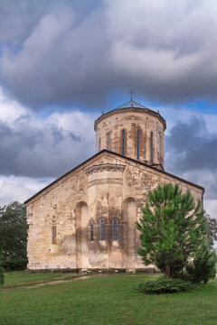 Martvili Monastery cathedral apses in Martvili, Georgia. Rear view, cloudy and rainy day, medieval architecture