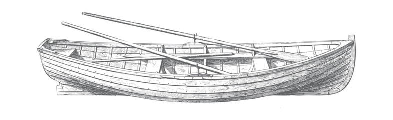 Classic traditional rowing boat illustrated in antique maritime engraving style. © Creative09