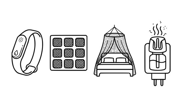 Mosquito protection wearable linear icons bundle modern vector outline of repellent bracelet tablet refills bed net and plug vaporizer with editable stroke