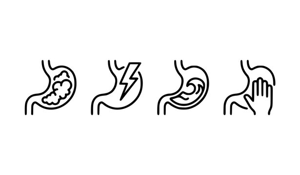 Digestive issues linear icons bundle modern vector outline of stomach bloating gas formation sharp spasm fluid churning and medical exam with editable stroke