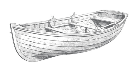 Vintage wooden fishing rowboat illustrated with detailed hand drawn engraving style. © Creative09