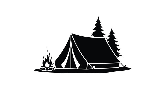 Campsite silhouette tent fire trees outdoor adventure