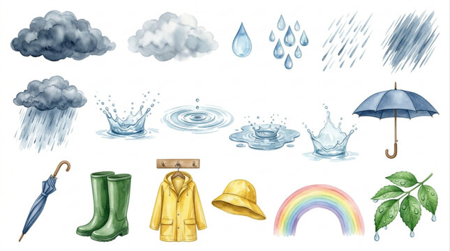 Watercolor Collection Rainy Weather Elements. Clouds, raindrops, splashes, umbrellas, rain boots, raincoat, and a vibrant rainbow