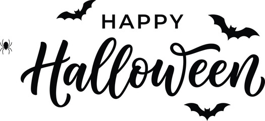 Happy halloween greeting card design with elegant calligraphy script text surrounded by silhouettes of bats and a spider halloween greeting calligraphy silhouette celebration © MDSOFIUL