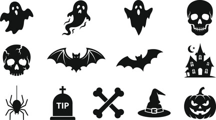 Set of halloween symbols and spooky icons featuring ghosts skulls bats spider haunted house tombstone bones witch hat jack-o-lantern halloween collection silhouette celebration