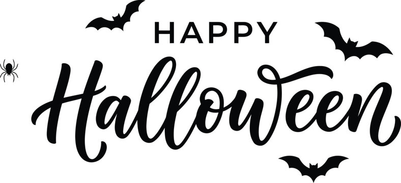 Happy halloween greeting card design with elegant calligraphy script text surrounded by silhouettes of bats and a spider halloween greeting calligraphy silhouette celebration