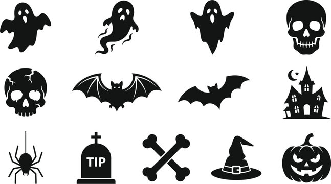 Set of halloween symbols and spooky icons featuring ghosts skulls bats spider haunted house tombstone bones witch hat jack-o-lantern halloween collection silhouette celebration