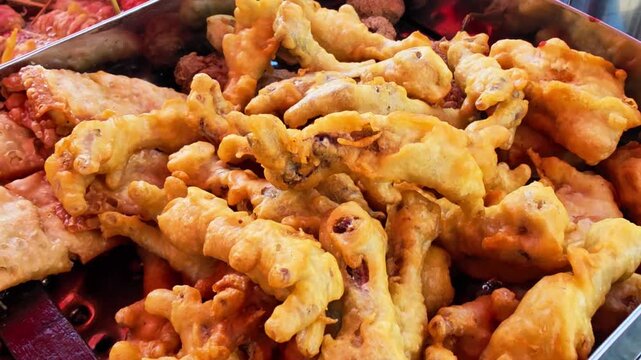 Traditional Indonesian fried snacks displayed at a street food stall while a vendor selects fresh fritters for customers. Authentic local cuisine featuring crispy homemade snacks and vibrant street fo