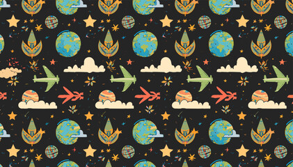 Seamless pattern with colorful airplanes, planets, clouds, and stars on a dark background, featuring a whimsical travel and nature theme. © nur