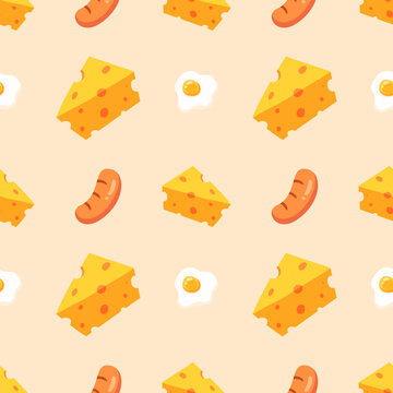 Cute cartoon breakfast seamless pattern, yellow cheese sausage and fried egg background on cream