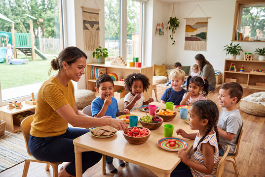 A teacher serves fruits and snacks to preschool children sitting at a table. The children are smiling and enjoying their snacks in a colorful daycare classroom with toys and outdoor play visible