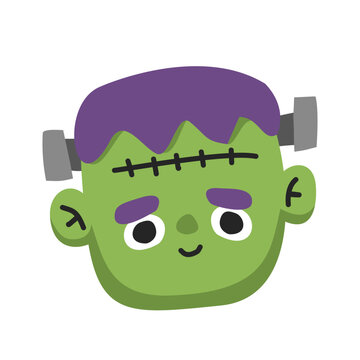 Cute frankenstein monster head illustration, isolated cartoon green zombie character clipart on white