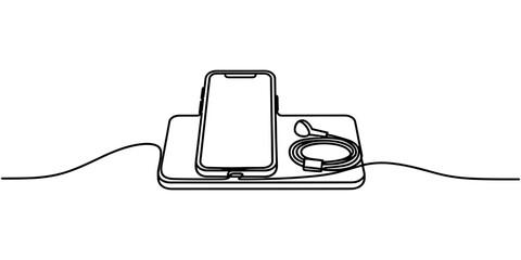 Obraz premium Wireless Charging Pad Smartphone Earbuds Continuous One Line Drawing