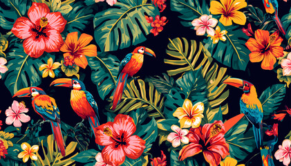 Vibrant tropical pattern featuring colorful macaws, toucans, hibiscus flowers, and lush green foliage on a dark background.