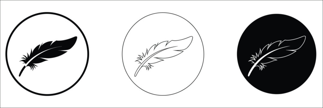 Feather icon set with circle badges, lightweight comfort symbols, ink quill pen signs, textile garment labels, and web mobile user interface graphics, vector, designs