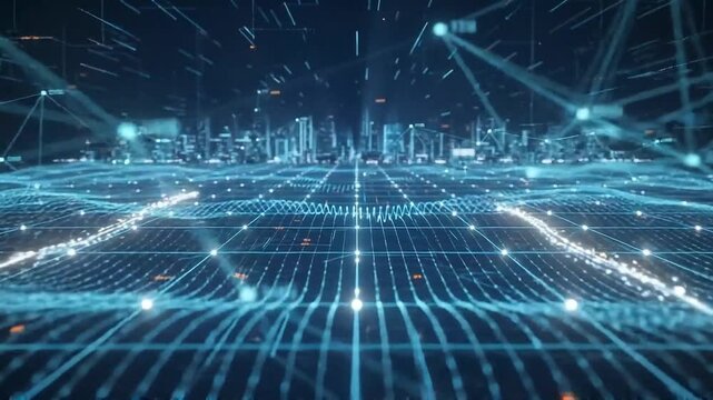 Digital abstract futuristic city landscape with glowing blue grid lines representing high speed global network connectivity and data exchange concept