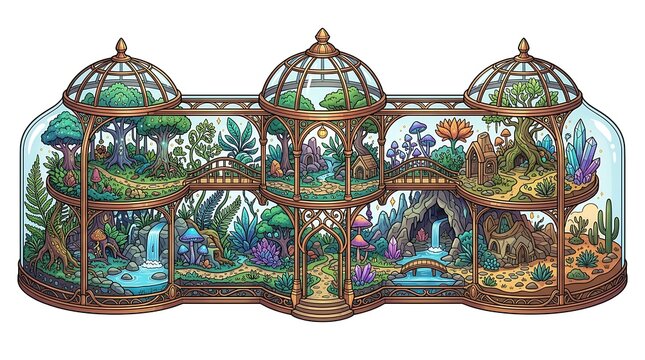 Ornate glass terrarium containing a miniature fantasy world