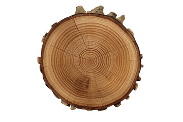 Obraz premium Tree trunk cross section showing annual growth rings, natural wood texture, and concept of age, isolated