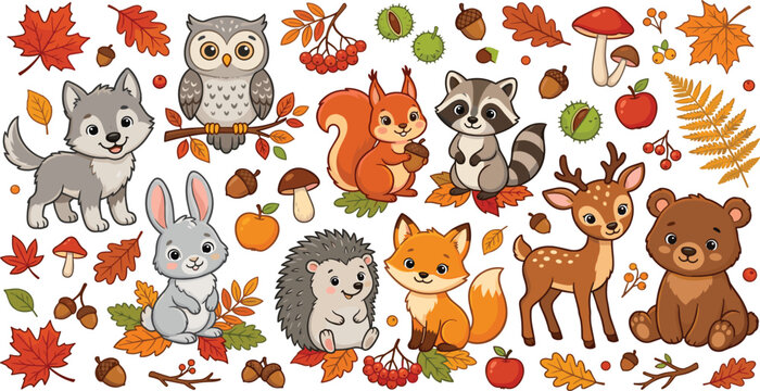 Cute autumn forest woodland animals vector set with cartoon bear fox deer owl squirrel wolf and fall elements