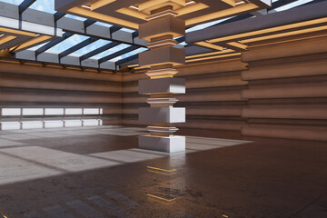 Obraz premium Futuristic empty exhibition hall with geometric stepped column, layered beige walls, glowing skylight ceiling and polished concrete floor. 3D Rendering