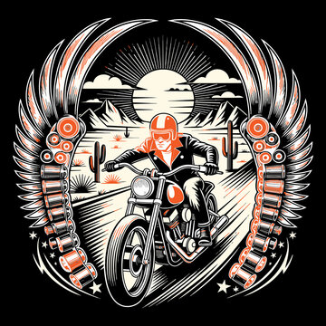 Biker riding motorcycle in desert with wings and sun emblem