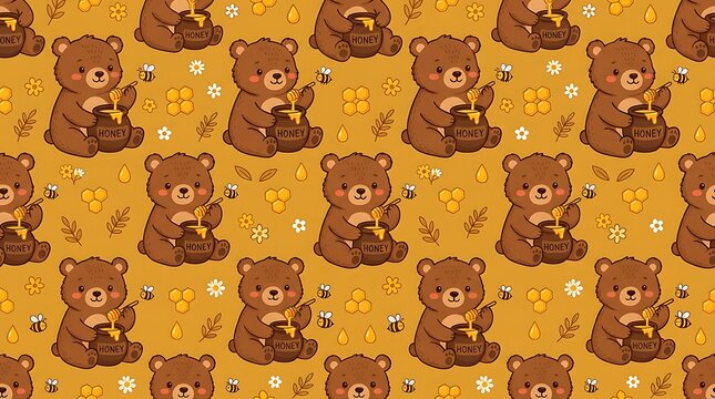 Cute cartoon brown bears eating honey seamless pattern