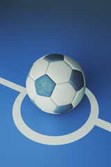Naklejka premium White and blue soccer ball lying on center circle line of indoor futsal court illustrating football game and team sport competition. 3D Rendering