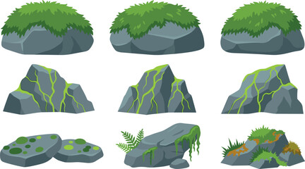 Forest stones and rocks vector set covered in green moss lichen and wild grass ferns for game landscape background design. © Rashidul