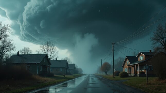 Una enorme tormenta de granizo se acerca a un pueblo rural; nubes de tormenta oscuras y en rotaci&oacute;n se ciernen sobre &eacute;l
