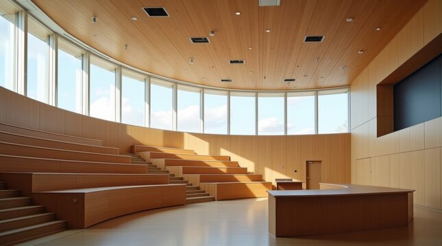 Aula universitaria minimalista con asientos escalonados, acabados en madera y ventanales panor&aacute;micos