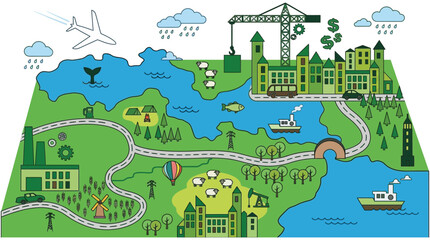 Obraz premium City and countryside illustration vector graphic with green and blue tones