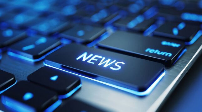Close up macro shot of a computer keyboard key illuminated with blue light featuring the word NEWS, symbolizing breaking news, journalism, media reporting, and information updates.