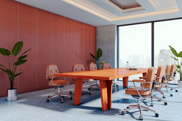 Obraz premium Spacious conference room with long wooden table, beige chairs, red panel wall, green plants and panoramic window with city view. 3D Rendering