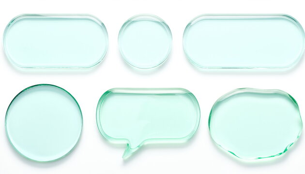 Clear light green glass speech bubbles and frames isolated on white background さわやかな薄緑色の透明なガラス風スピーチバブルとフレームのセット白背景イラスト素材