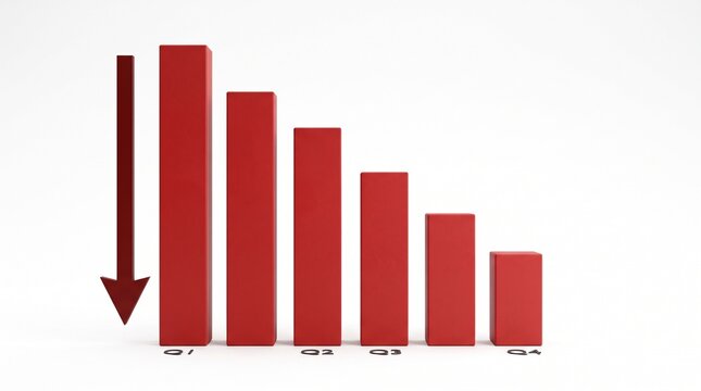 Red descending bar chart showing negative growth across four quarters with displays 3D graph red bars descending height indicating downward trend