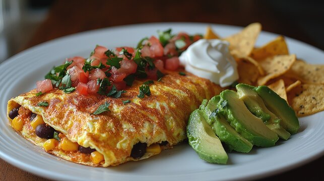 Mexican Style Breakfast Omelet with Black Beans, Corn, Avocado, and Salsa