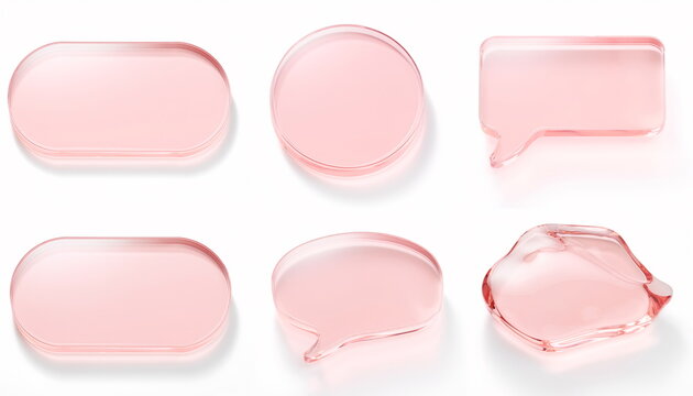 Glossy pink glass banners and liquid droplets isolated on white surface 光沢のあるピンクのガラス風バナーと液滴オブジェクトの白背景イラスト素材