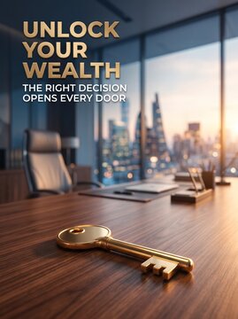 Golden key on wooden office desk with city background with resting polished wooden displays shiny golden
