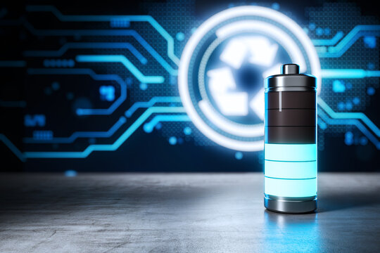 Transparent glass battery with glowing blue charge on concrete table with recycling symbol and circuit board showing energy storage. 3D Rendering