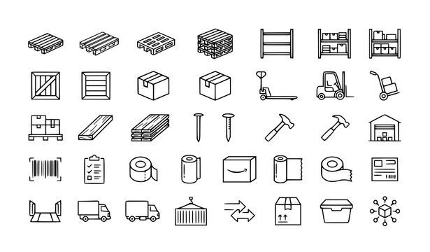 Wooden pallet and warehouse outline icon set editable logistics vector