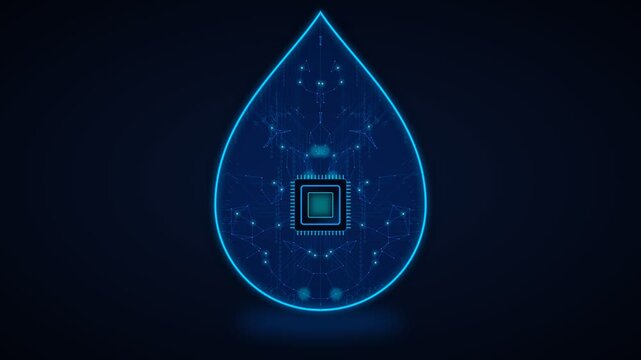 Glowing digital water drop with microchip circuit pattern on dark background representing smart utility and ecological technology