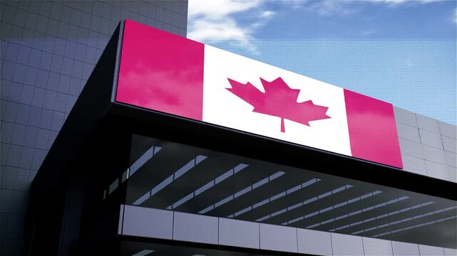 Canada Flag on Building with Sky in Background