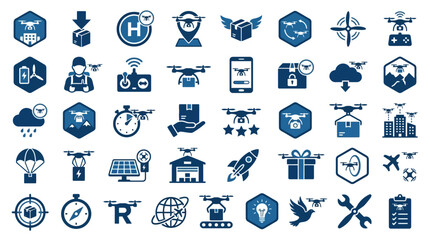 Fototapeta premium Vector Icons Set of blue drone technology icons for logistics and delivery services. EPS Editable