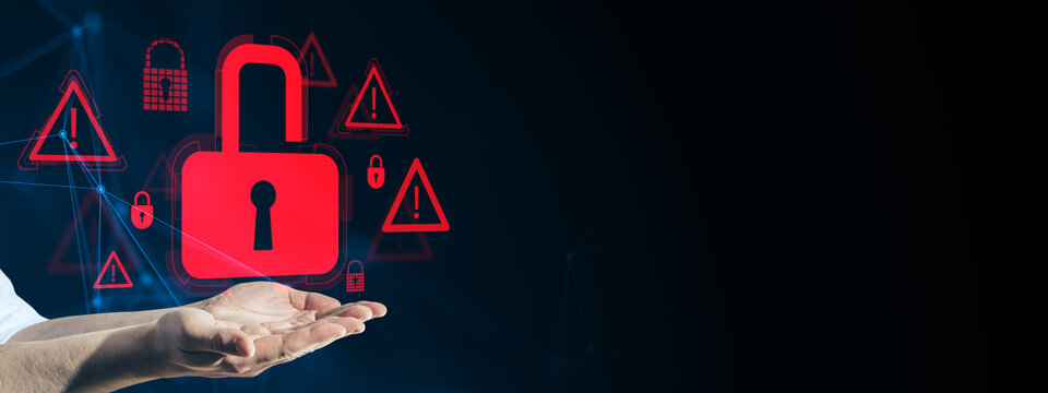 Open hand with glowing red padlock and alert triangles above palm on dark banner background warning about data breach and cyber attack threat.