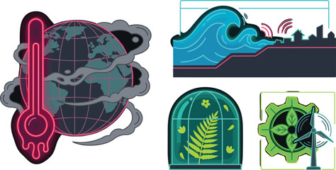Climate change and green energy vector illustration set with global warming globe thermometer tsunami sea level rise fern dome wind turbine. © Rashidul