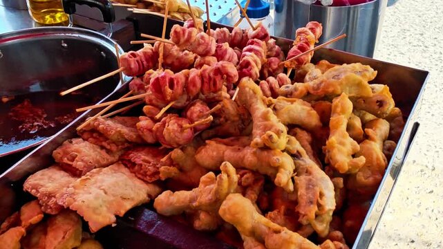 Traditional Indonesian fried snacks displayed at a street food stall while a vendor selects fresh fritters for customers. Authentic local cuisine featuring crispy homemade snacks and vibrant street fo