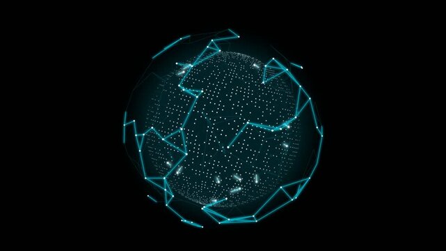 Abstract Digital Sphere Composed of Glowing Geometric Network Lines and Particles Representing Global Connectivity and Data Science Technology