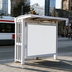 Obraz premium Blank Toronto bus shelter advertising display mockup. Blank white billboard poster display provides copy space at a downtown bus stop