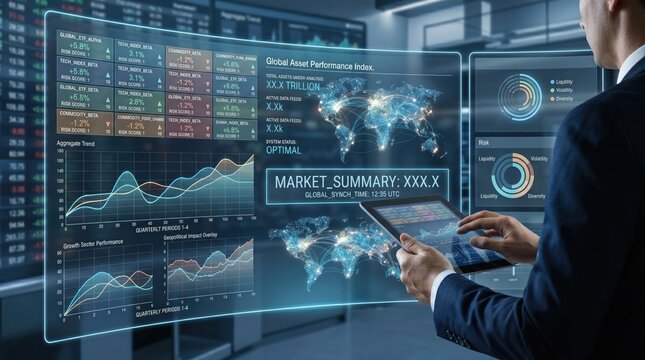 Financial trader analyzing global asset performance on holographic screen, stock market data, forex trading, economic trends, world map, investment portfolio management, fintech...