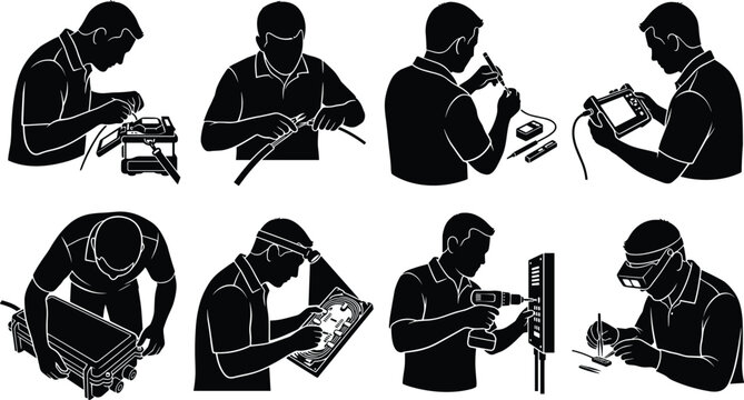 Fiber optic technician and network engineer silhouettes set splicing data communication cables